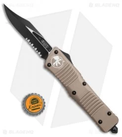 Microtech Combat Troodon Bowie OTF Knife Tan (3.8" Black Serr) 146-2TA -Microtech Shop Microtech Combat Troodon Bowie tan black serr BHQ 71440 er size
