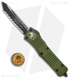 Microtech Combat T/E Automatic OTF Knife OD Green (3.8" Black Full Serr) -Microtech Shop Microtech Combat Troodon TE Auto OD Green Black Full Serr 144 3OD BHQ 98232 jr bottlecap