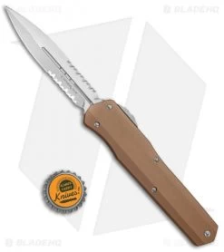 Microtech Cypher D/E OTF Automatic Knife Smooth Tan (4" Stonewash Serr) -Microtech Shop Microtech Cypher DE OTF Auto Smooth Tan SW Serr 242S 11TA BHQ 83880 jr bottlecap 1