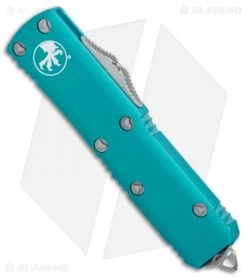 Microtech UTX-85 S/E OTF Automatic Knife Turquoise (3.125" Satin) 231-4TQ -Microtech Shop Microtech UTX 85 SE turquoise satin BHQ 74302 er spine