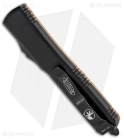 Microtech Ultratech D/E OTF Automatic Knife Tan G-10 (3.4" Black) 122-1GTTA -Microtech Shop Microtech Ultratech DE OTF Auto Tan G 10 Black 122 1GTTA BHQ 84504 jr side