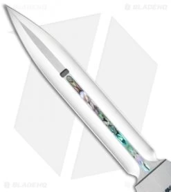 Marfione Custom Dragonslayer IV OTF Knife Stainless/Abalone (Cowry-X Damascus) -Microtech Shop microtech dragonslayer iv mirror abalone blade cm