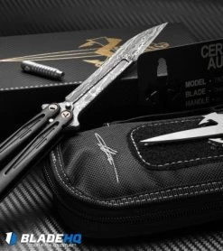 Marfione Custom Tachyon III Balisong Knife DLC Titanium (4.5" Damascus) -Microtech Shop microtech tachyon III balisong dlc ti dam sheath cm